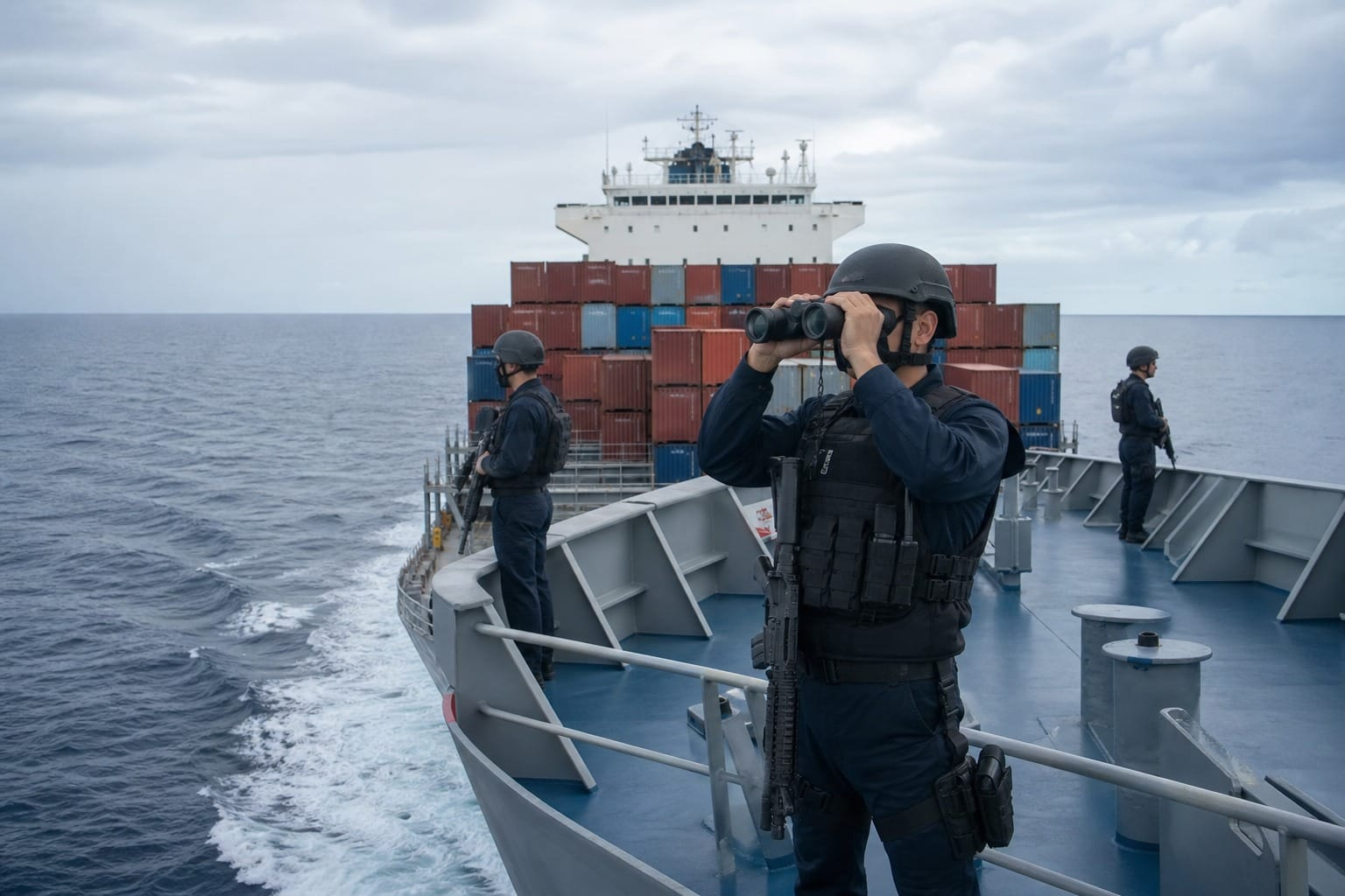 Maritime security officers monitoring sea traffic
