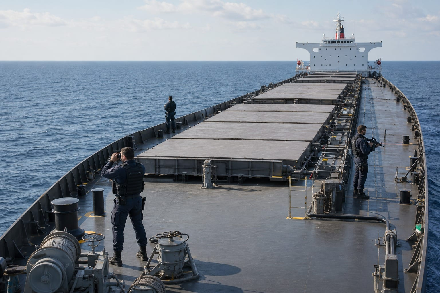 Ship security personnel on cargo vessel at sea
